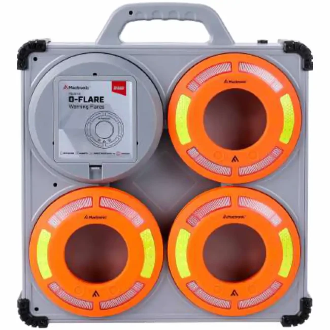 Dyski sygnalizacyjne Mactronic O-Flare w szarej walizce ładującej z uchwytem