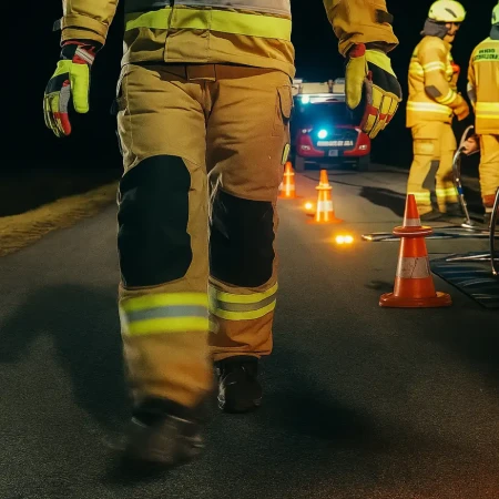 Pomarańczowe dyski Mactronic O-Flare rozłożone między pachołkami podczas działań ratowniczych